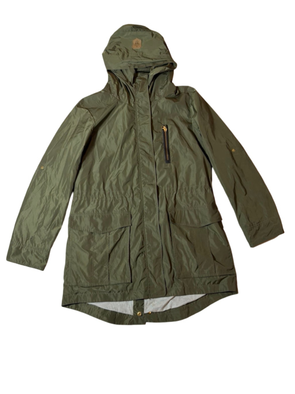 Mackage Montreal Olive Hooded Utility Rain Parka Jacket Leather Trim M